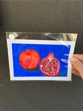 Oil pastel Pomegranate Art Print - Bright Red on Bold Blue